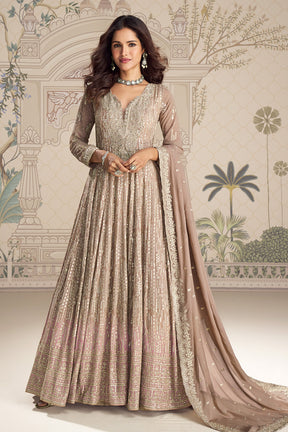 Beige Georgette Zari and Sequins Embroidered Anarkali Suit