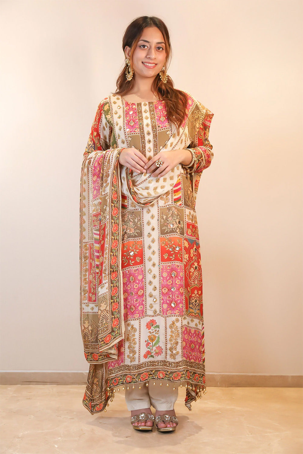 Cream Crepe Silk Printed Suit