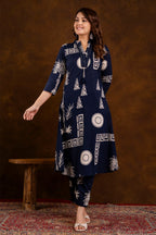 Navy Block Printed Cotton Printed Kurta Set