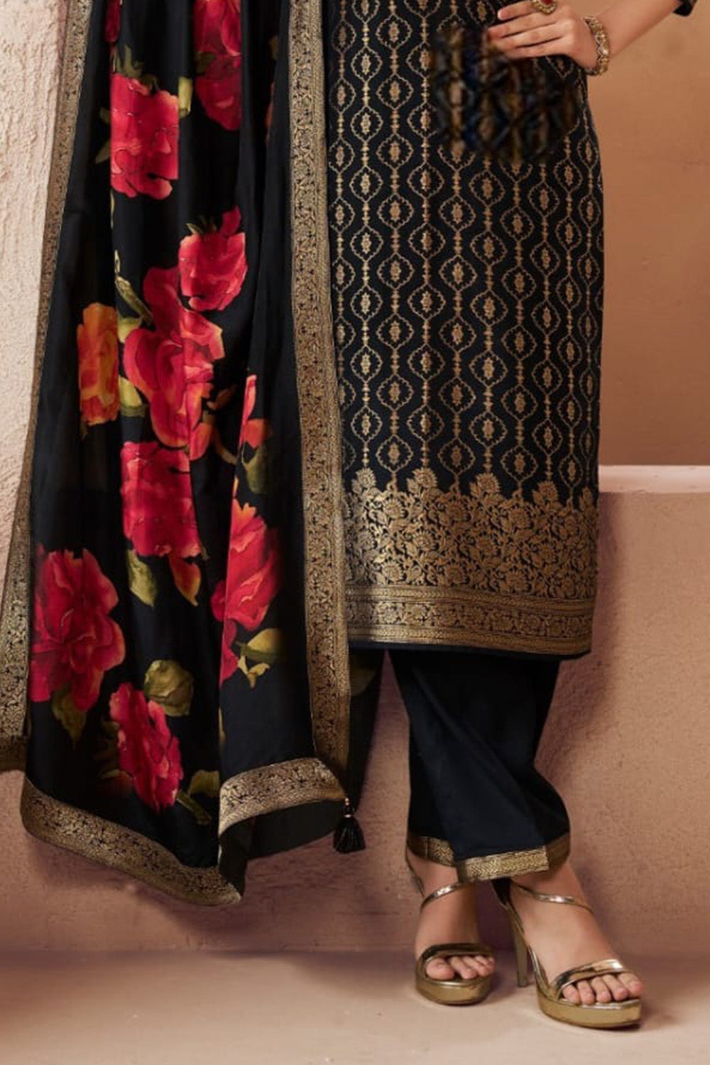 Black Zari Woven & Embroidered Silk Suit
