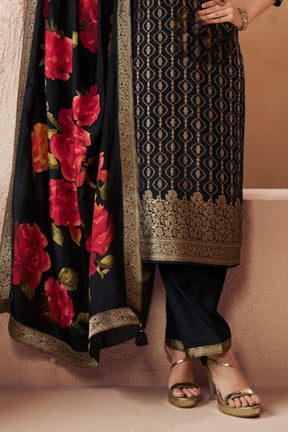 Black Zari Woven & Embroidered Silk Suit