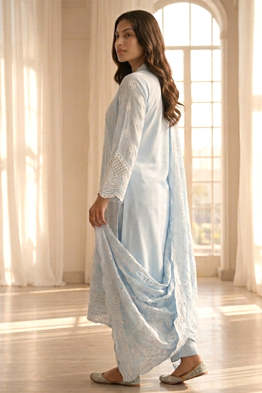 Light Blue Mul Cotton Chikankari Work Suit Set