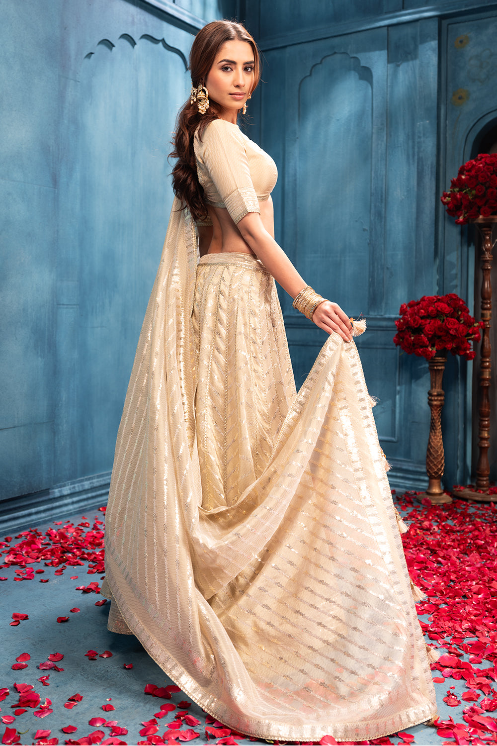 Cream Matelic Tissue Embroidered Lehanga