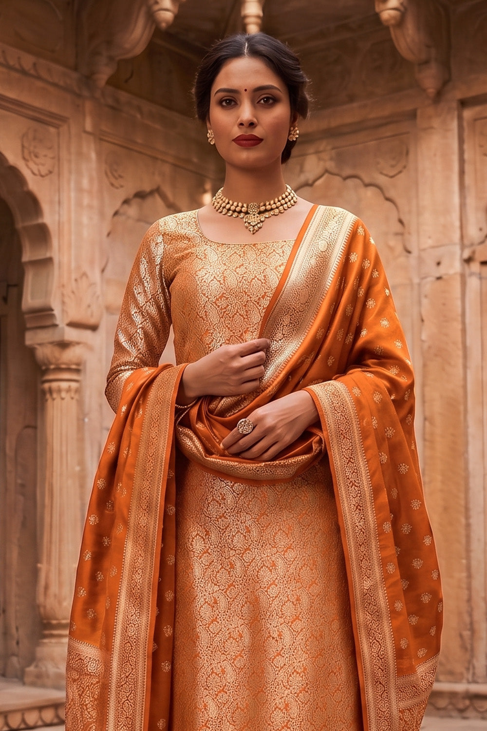 Mustard Banarsi Silk Woven Unstitched Suit Material