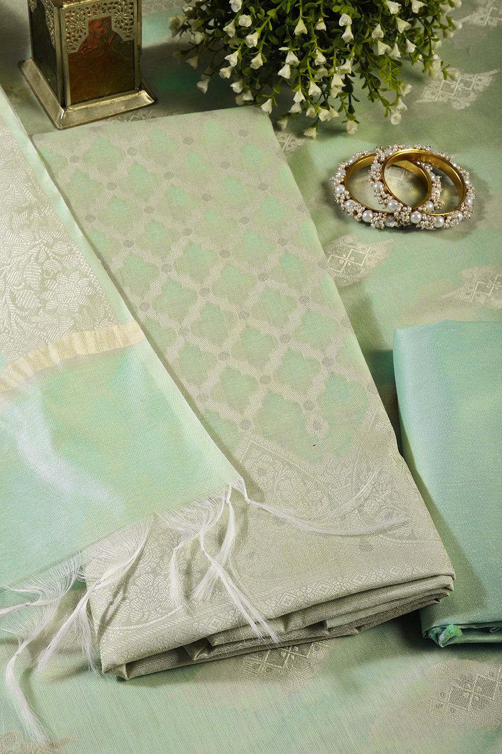 Sea Green Color Chanderi Cotton Woven Unstitched Suit Fabric