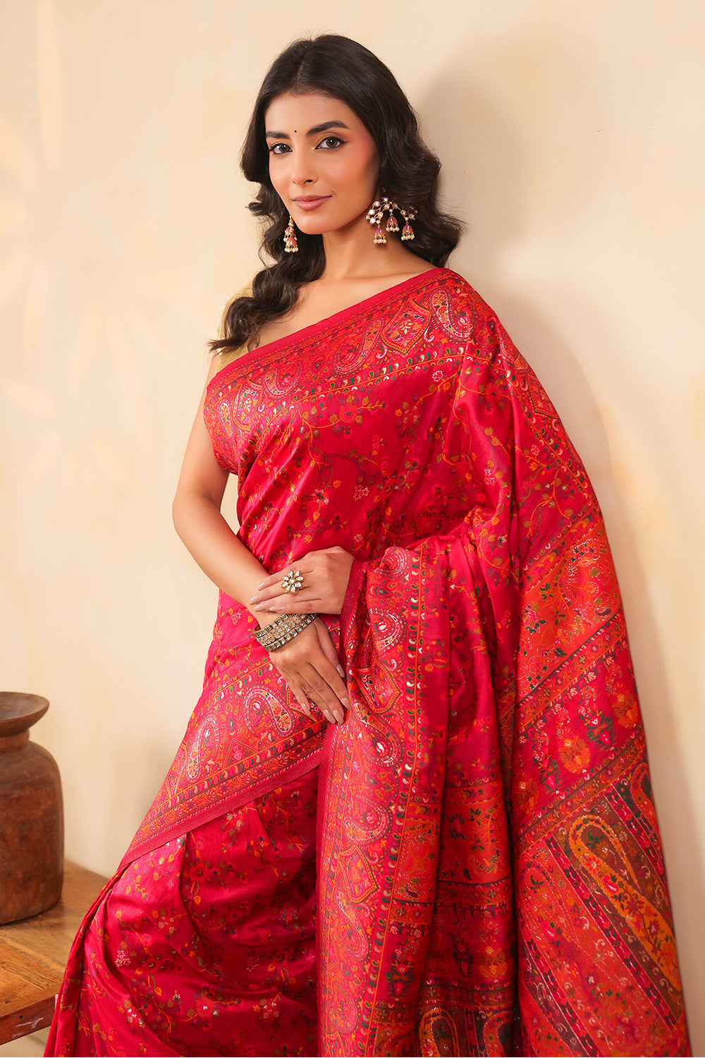 Cherry Red South Silk Zari And Resham Woven Saree