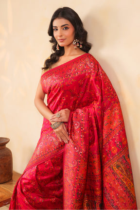Cherry Red South Silk Zari And Resham Woven Saree
