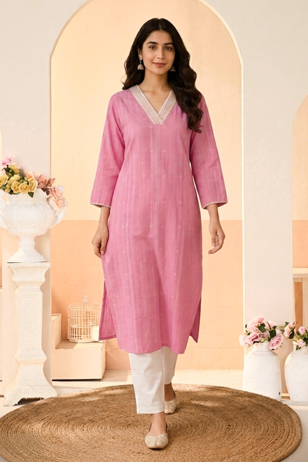 Pink Cotton Mirror Neck-Embroidered Kurta Set