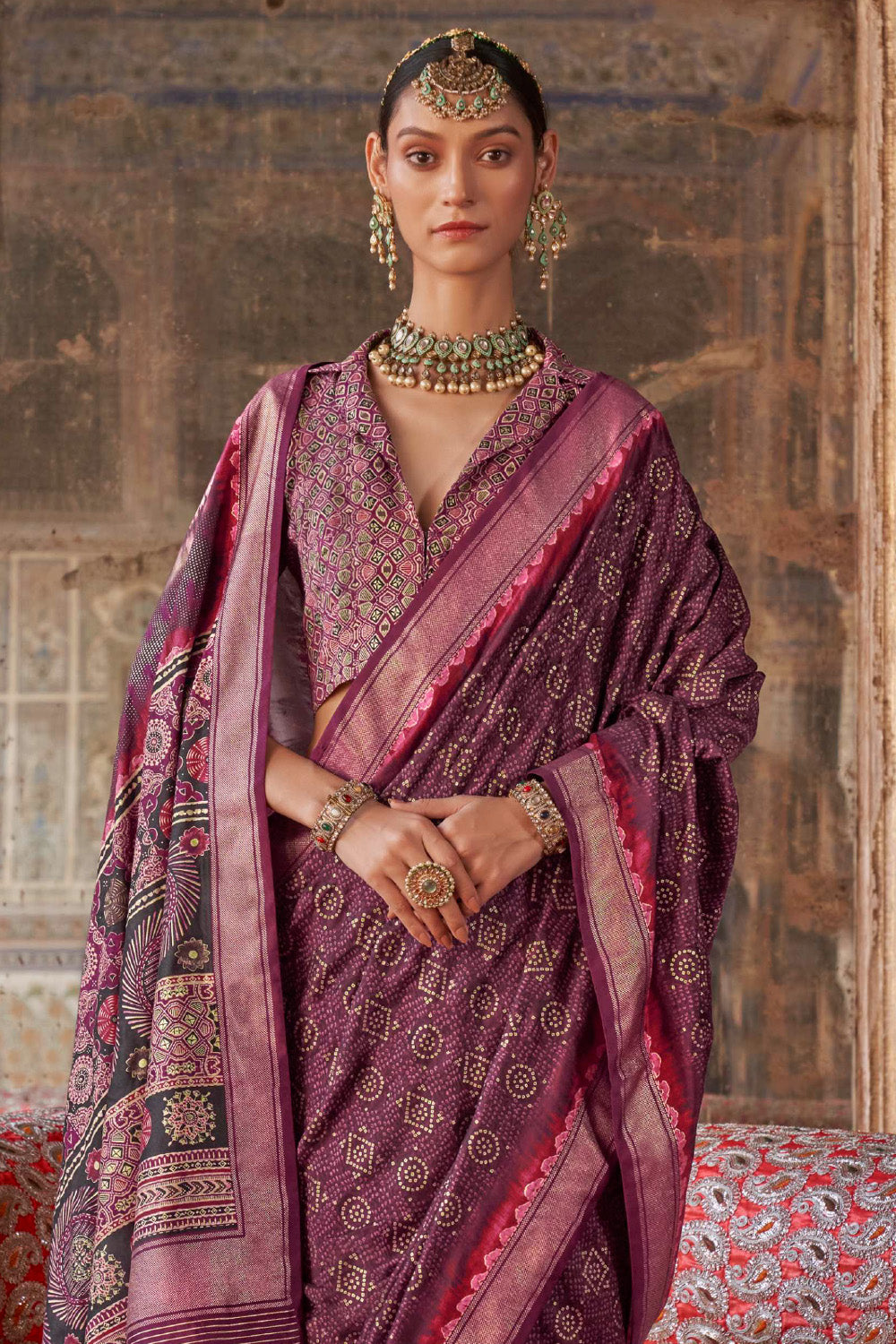 Wine Color Bandhani Printed Gajji Silk Saree