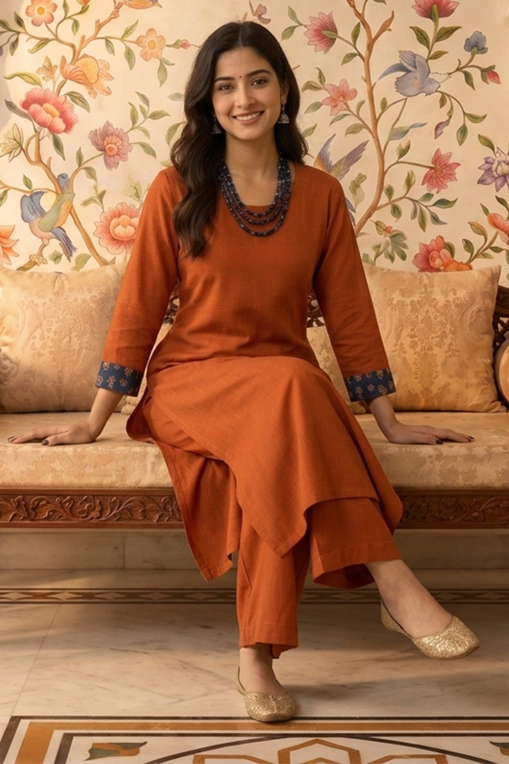 Rust Solid Color Cotton Kurta Set
