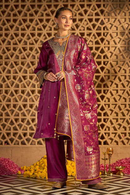 Wine Silk Embroidered Unstitched Suit Material With Banarsi Dupatta