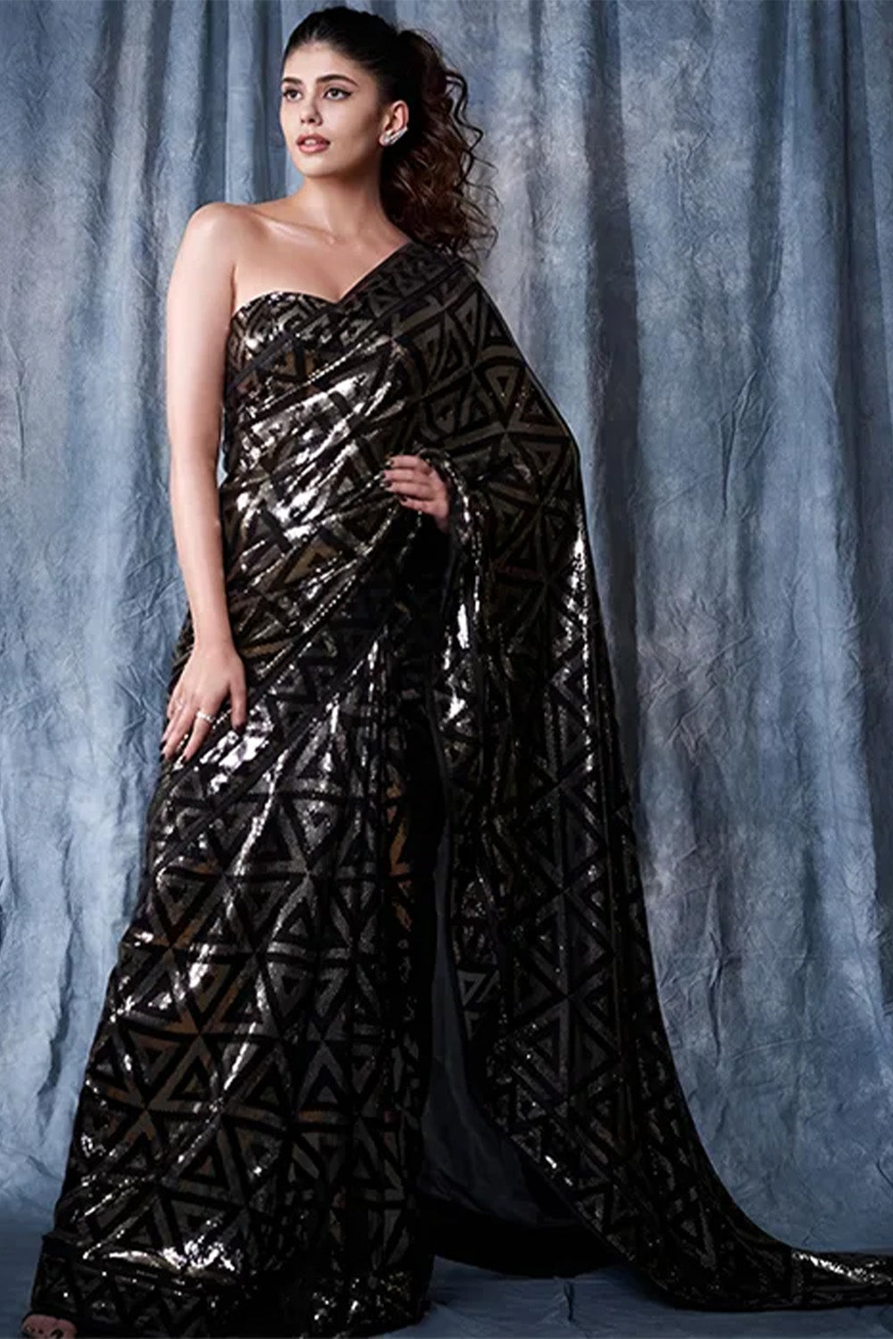 Black Color Sequins Georgette Saree