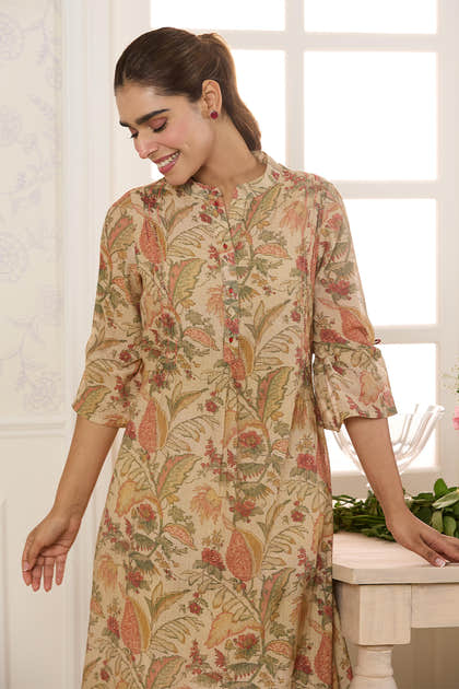 Beige Chanderi Silk Floral Printed Kurta Set