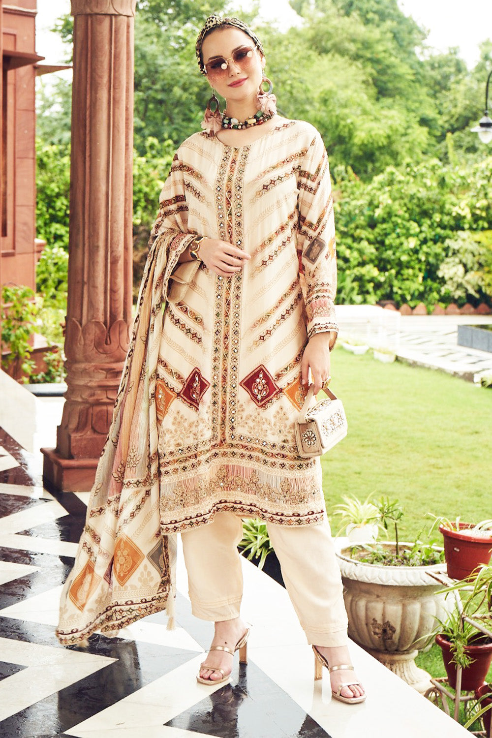 Cream Cotton Silk Printed And Embroidered Suit