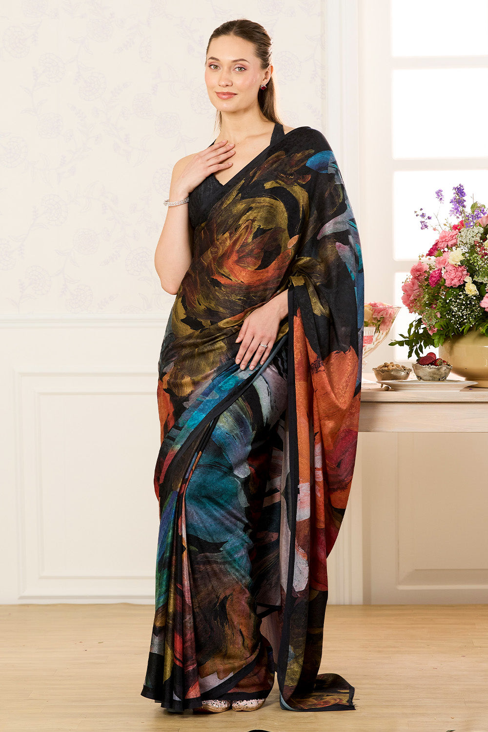 Black Abstract Printed Jacquard Silk Saree