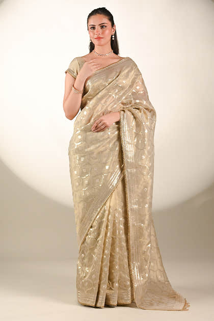 Beige Color Tissue Silk Resham & Sequins Embroidered Saree