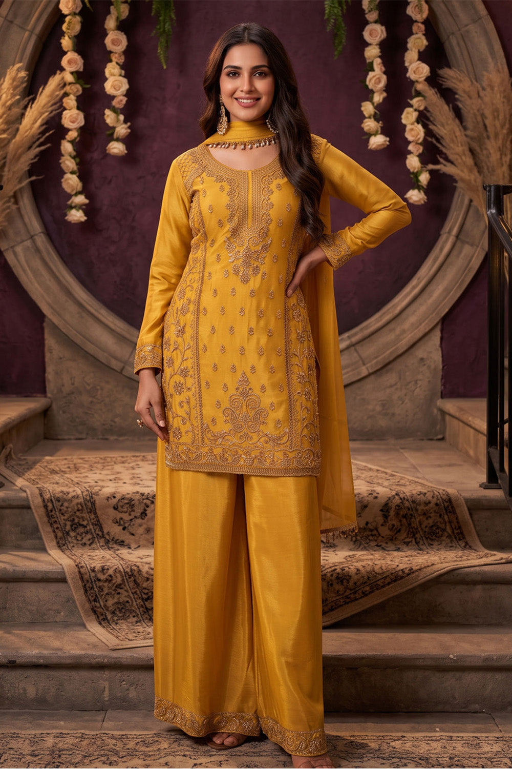 Mustard Crepe Silk Cut-Dana Embroidered Suit With Embroidered Palazzo