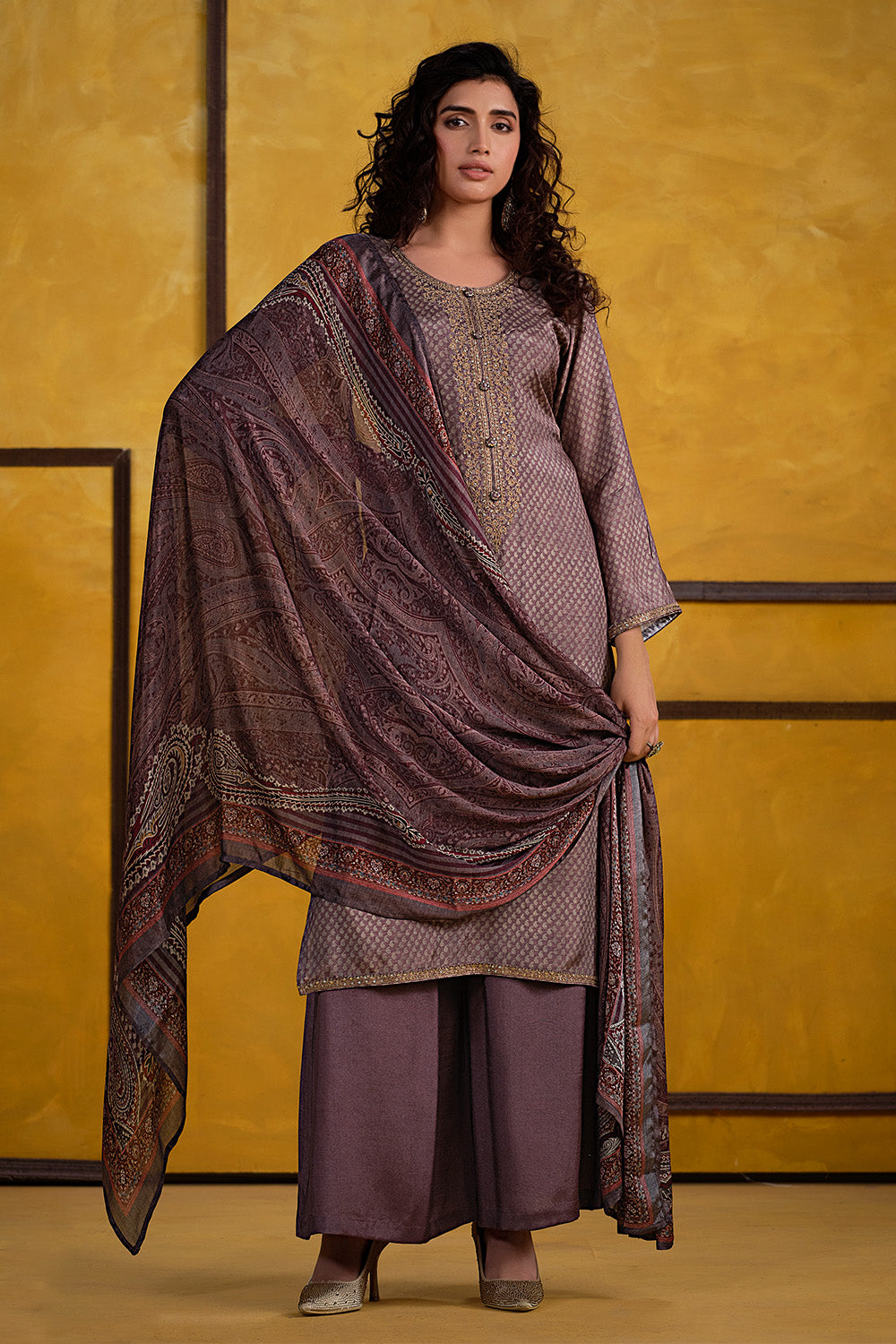 Mauve Color Pashmina Embroidered Unstitched Suit Fabric