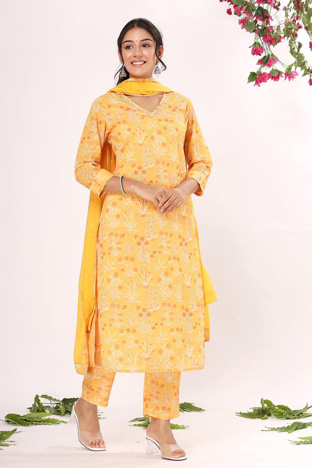 Mustared Color Cotton Hakoba Style Printed Straight Suit