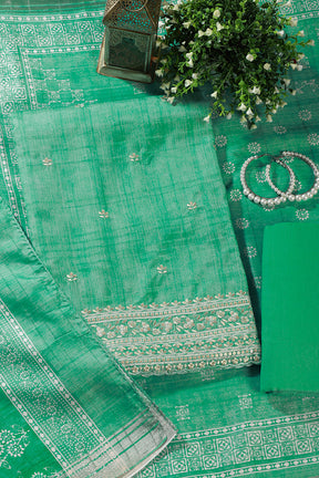 Sea Green Tussar Silk Embroidered Unstitched Suit Material