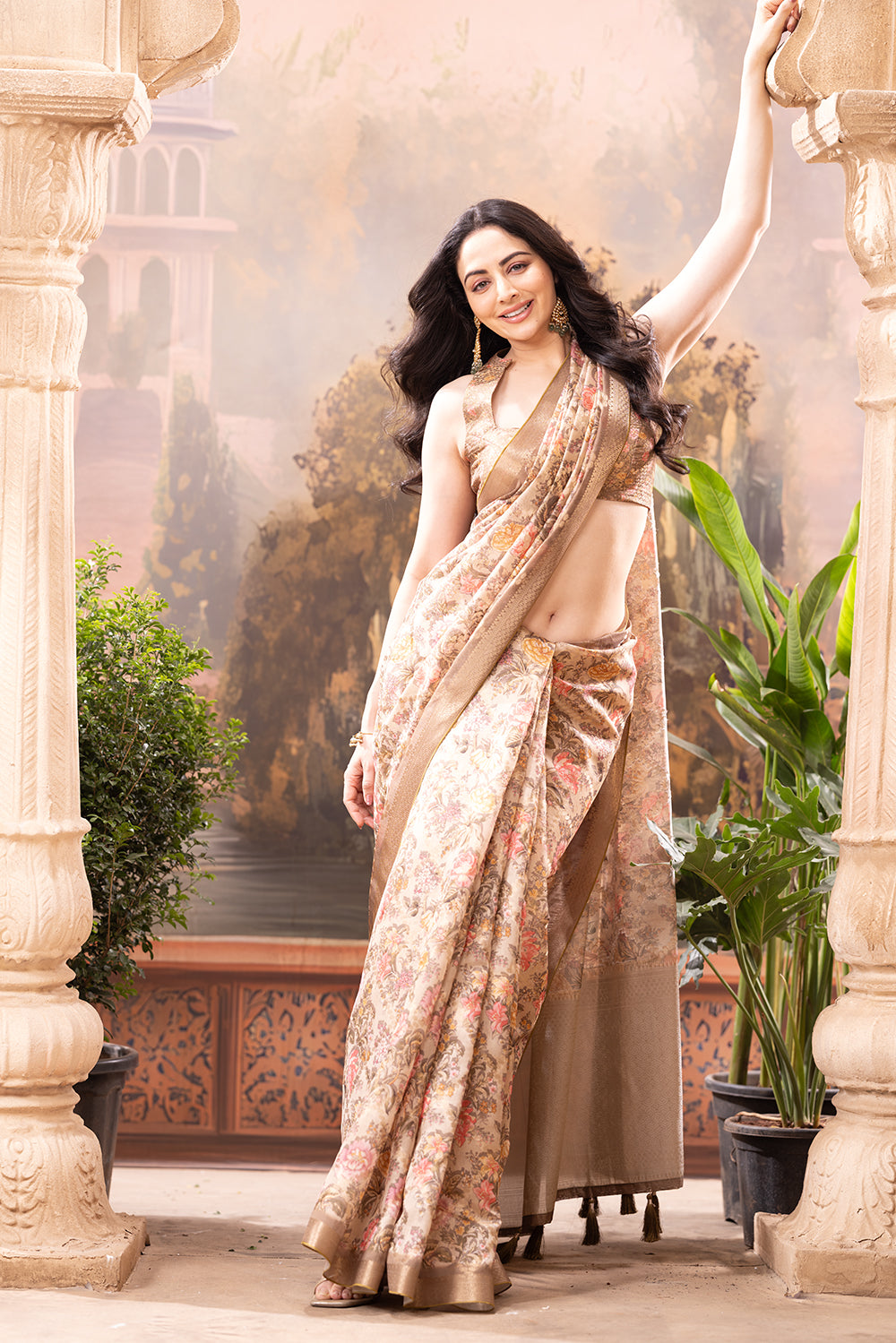 Beige Crepe Silk Floral Printed Saree