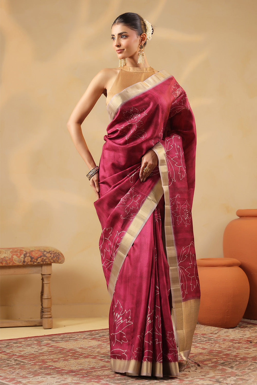 Deep Carmine Floral Printed and Zari Woven Tussar Silk Saree