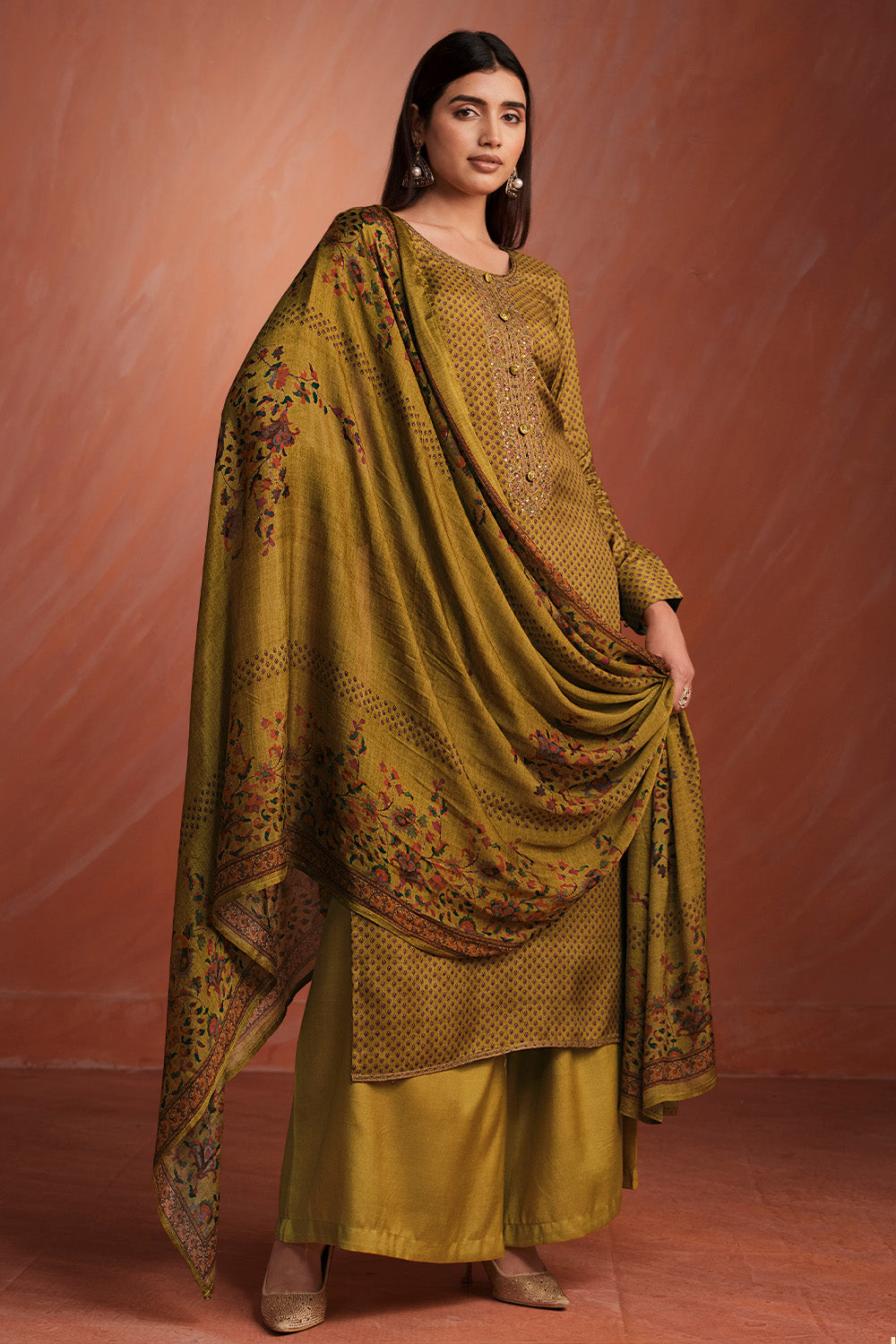 Mustard Colour Printed Pashmina Unstitched Suit Fabric