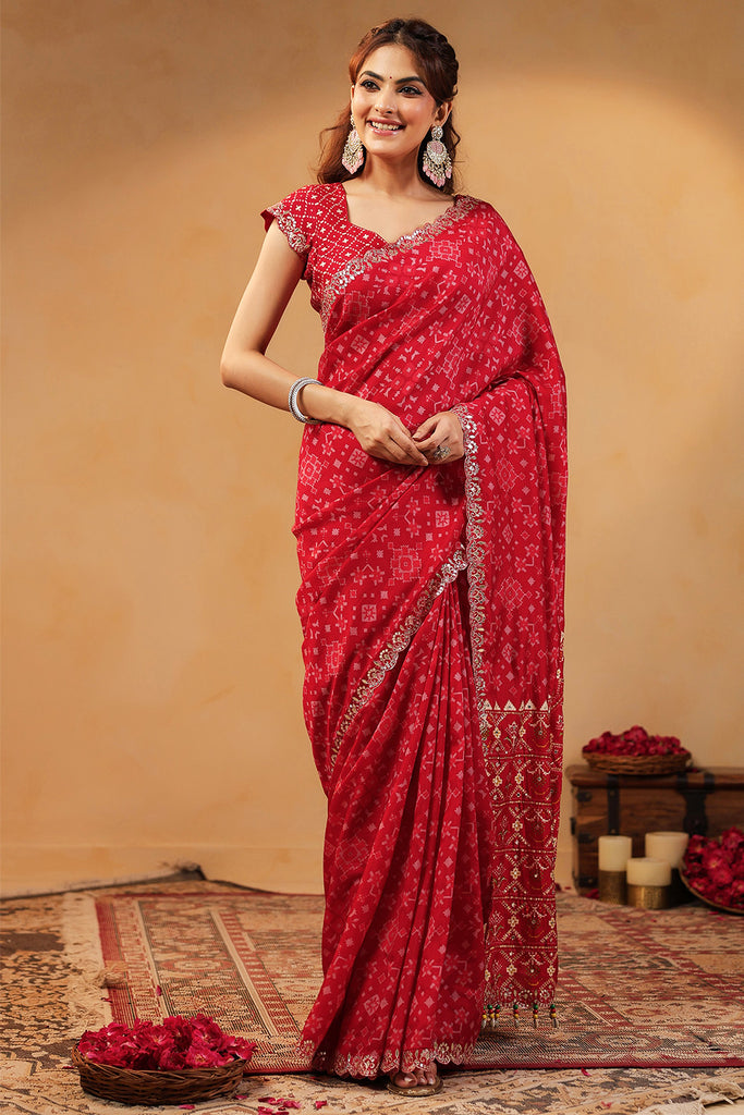 Red Color Ikat Patola Modal Silk Saree with Gota Patti Border