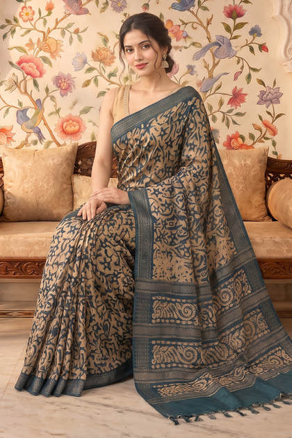 Teal And Beige Cotton Printed And Woven Border Saree