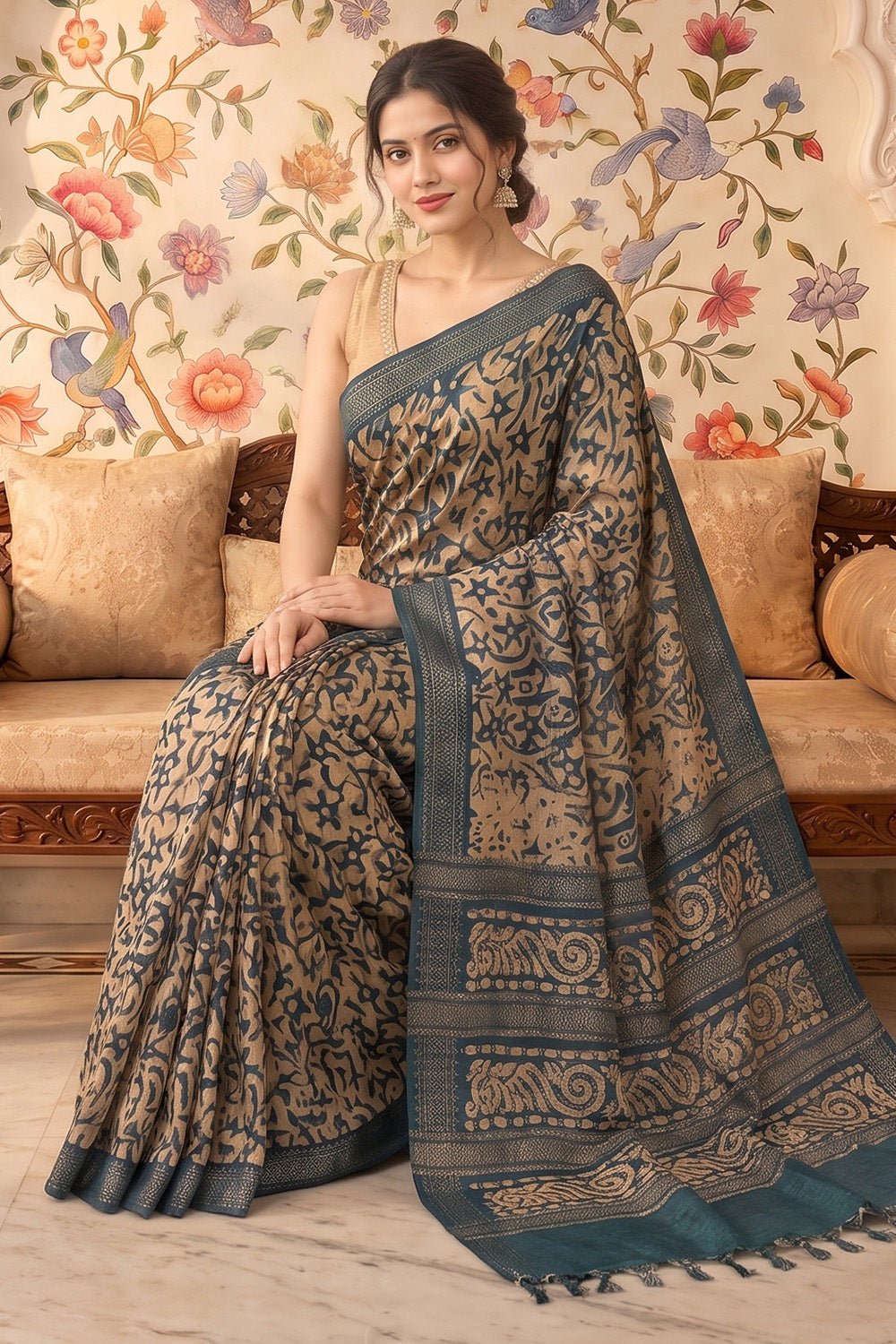 Teal And Beige Cotton Printed And Woven Border Saree