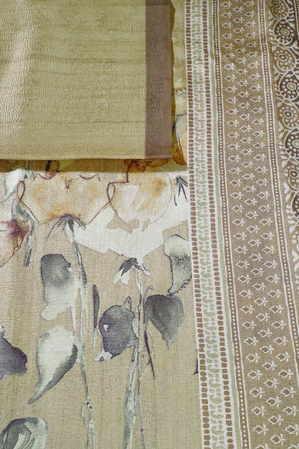 Light Brown Printed Tussar Silk Saree