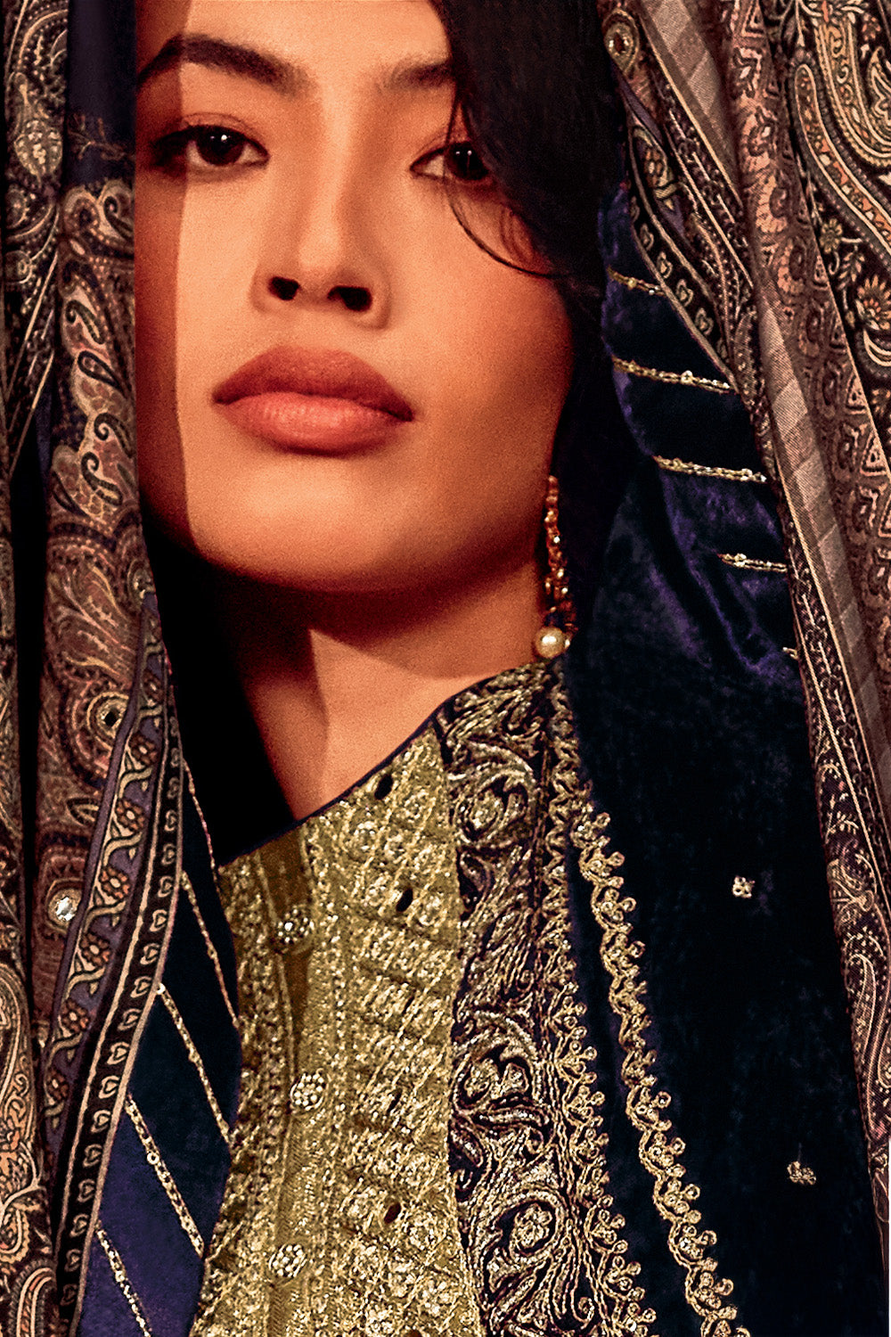 Navy Color Zari Embroidered Velvet Unstitched Suit Fabric