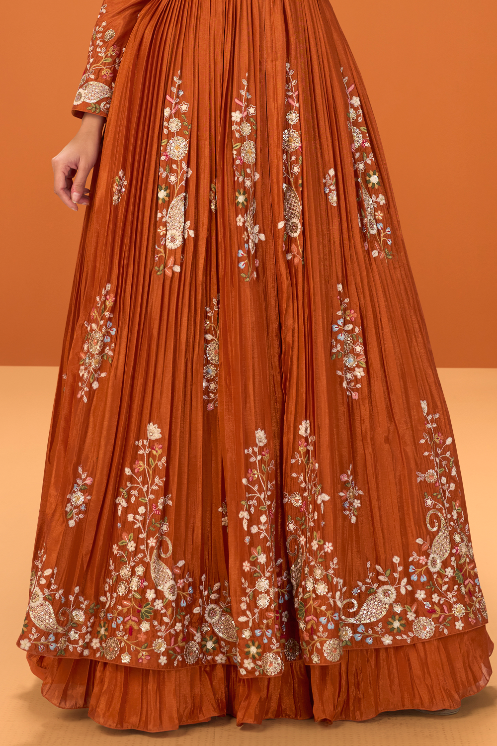 Rust Crepe Silk Embroidered Anarkali Suit With Skirt