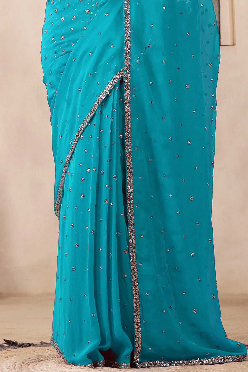 Turquoise Color Embroidered Georgette Saree With Readymade Blouse