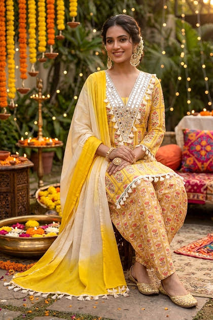 Yellow Cotton  Printed And Mirror Work Suit