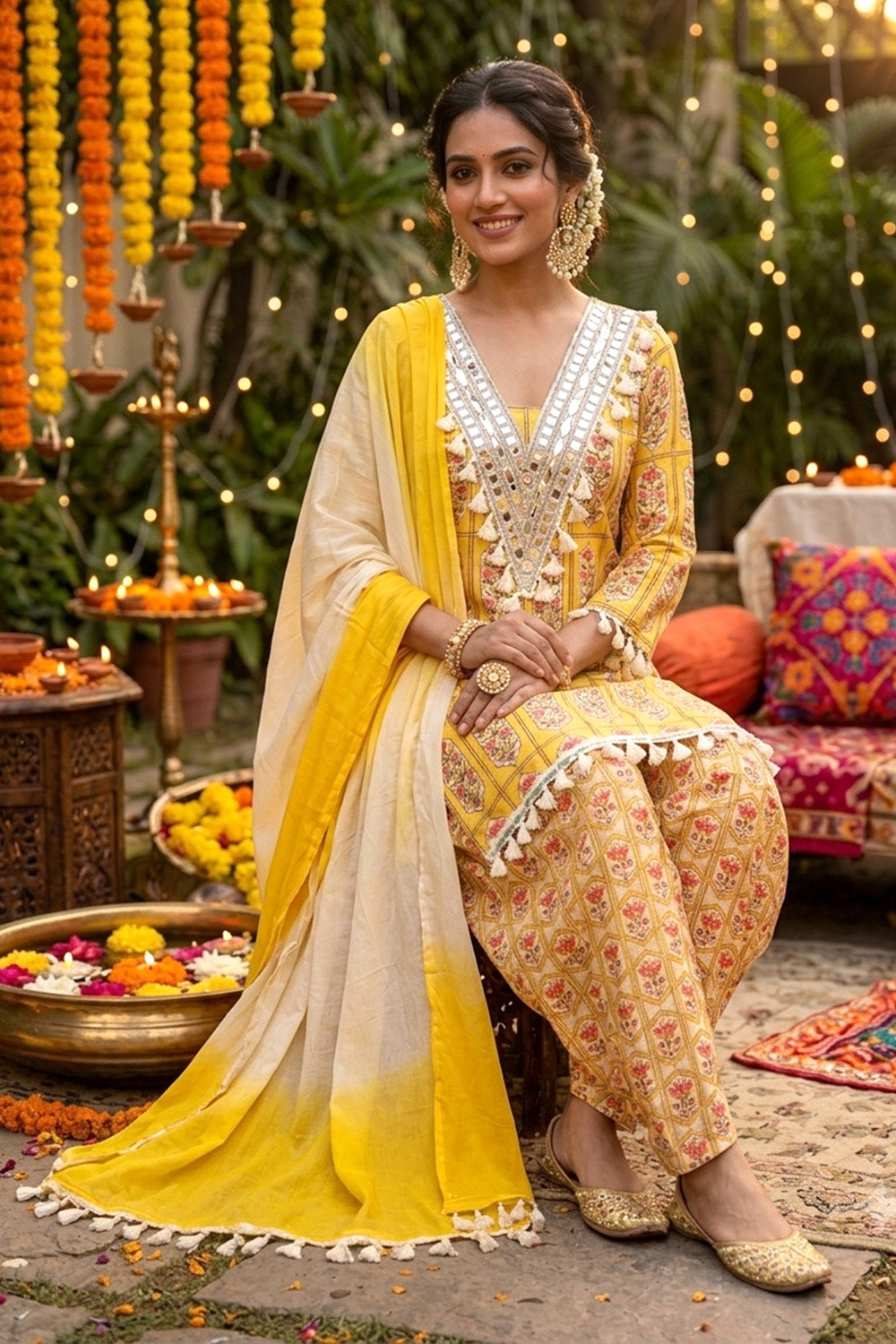 Yellow Cotton  Printed And Mirror Work Suit