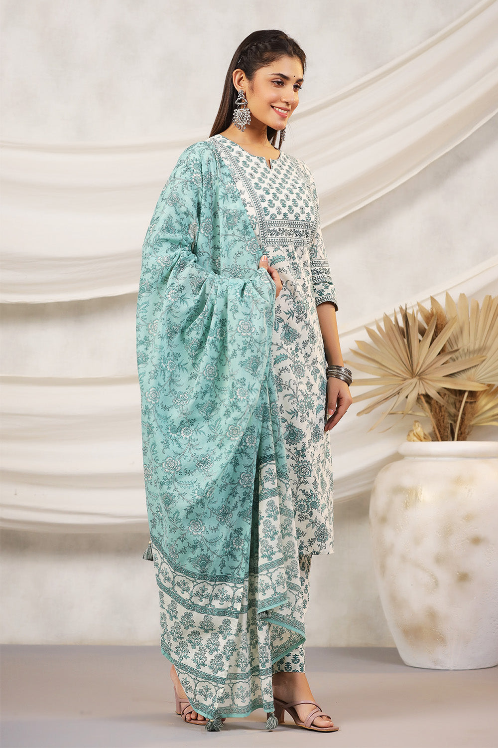 Cream & Green Color Floral Printed Cotton Straight Suit