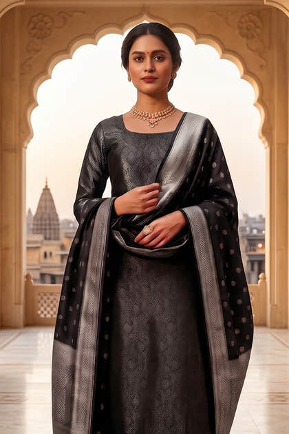 Black Banarsi Silk Woven Unstitched Suit Material