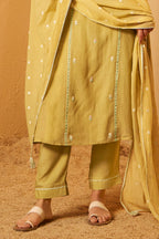 Lemon Yellow Chanderi Cotton Resham Embroidered Straight Suit Set
