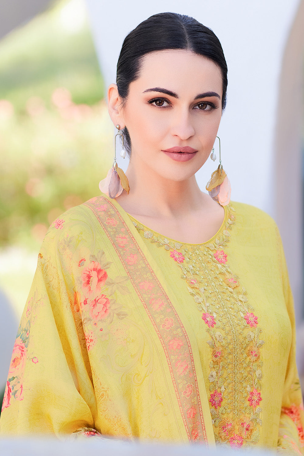 Pale Yellow Color Muslin Neck Embroidered & Floral Printed Suit