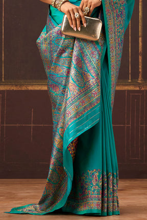 Teal Soft Silk Kalamkari Woven Saree
