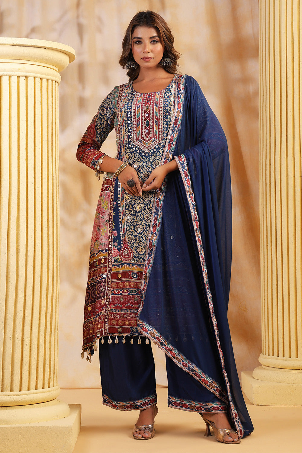 Blue Color Crepe Embroidered and Printed Suit
