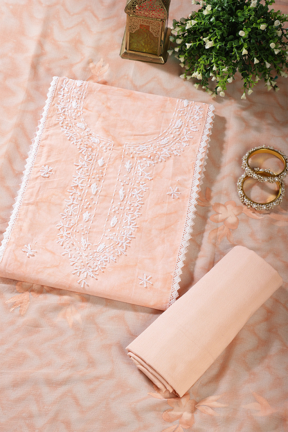 Light Peach Color Cotton Resham Embroidered And Lace Work Unstitched Suit