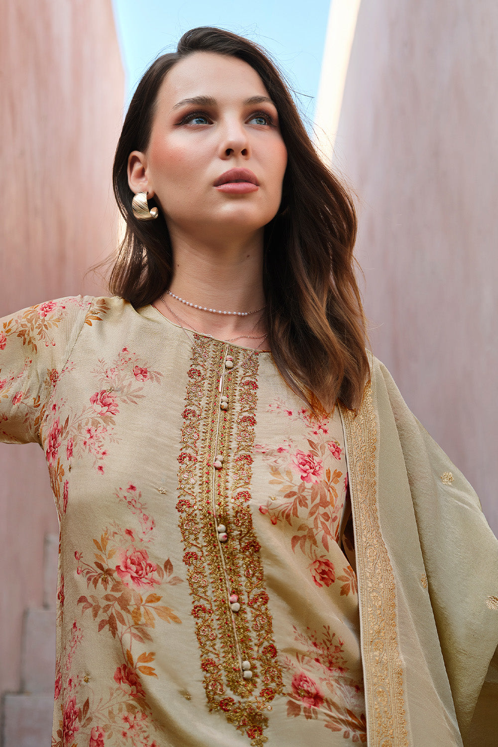 Beige Color Floral Printed & Neck Embroidered Unstitched Suit Material