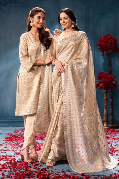 Cream Sequins and Resham Embroidered Metallic Tissue Saree