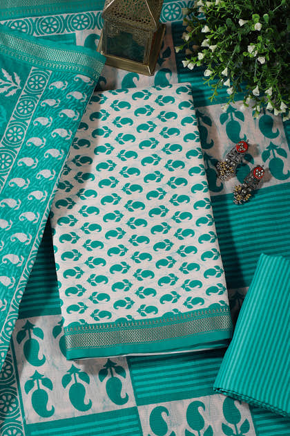 Cream & Teal Cotton Dabu Block Print Unstitched Suit Material