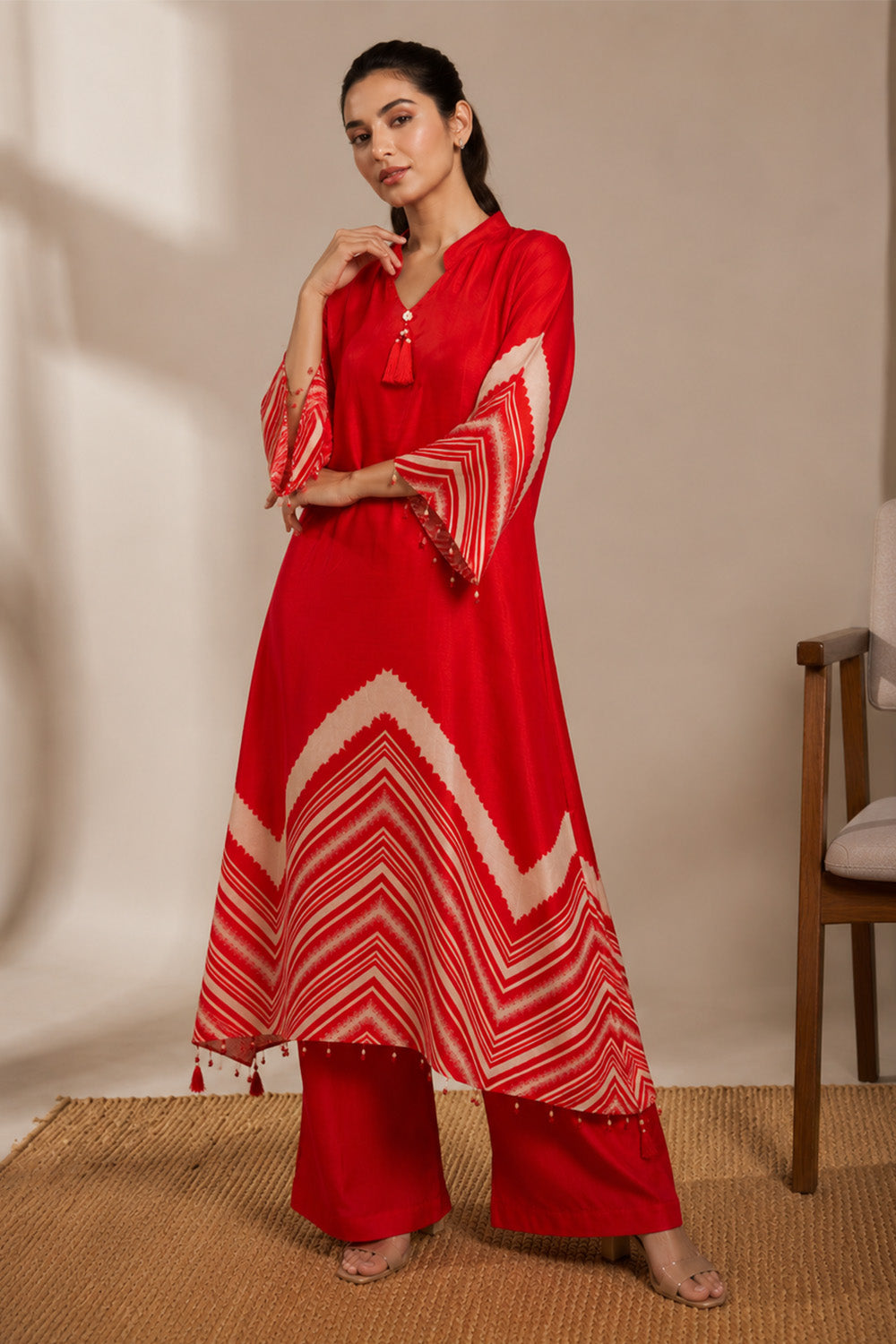 Red Mulberry Silk Printed Kurta Set