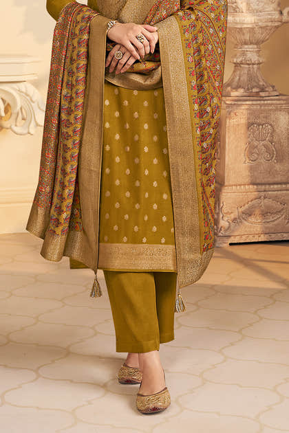 Mustard Pashmina Zari Woven Unstitched Suit Fabric