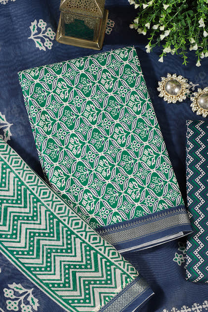 Green Cotton Ajrakh Block Print Unstitched Suit Material