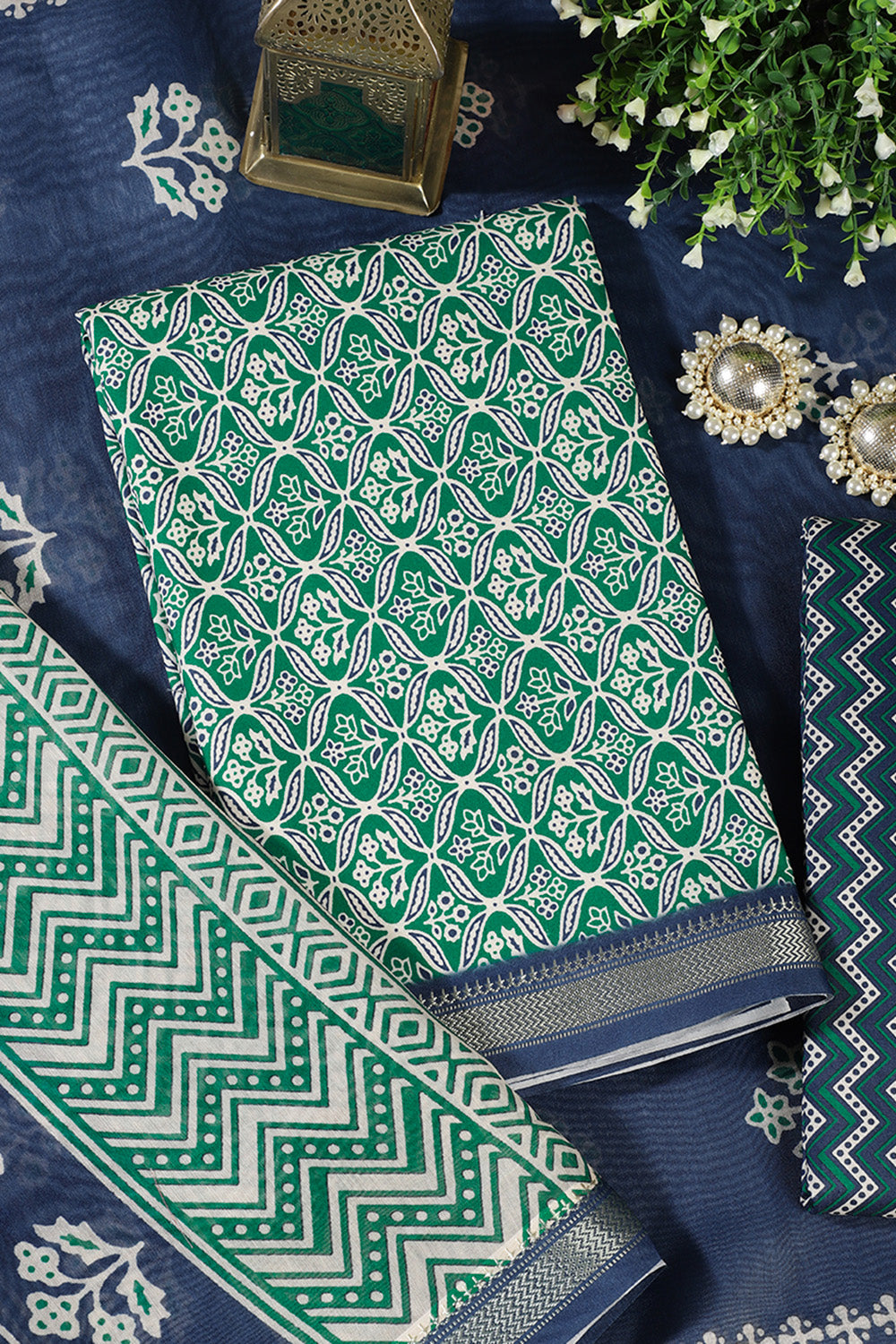 Green Cotton Ajrakh Block Print Unstitched Suit Material